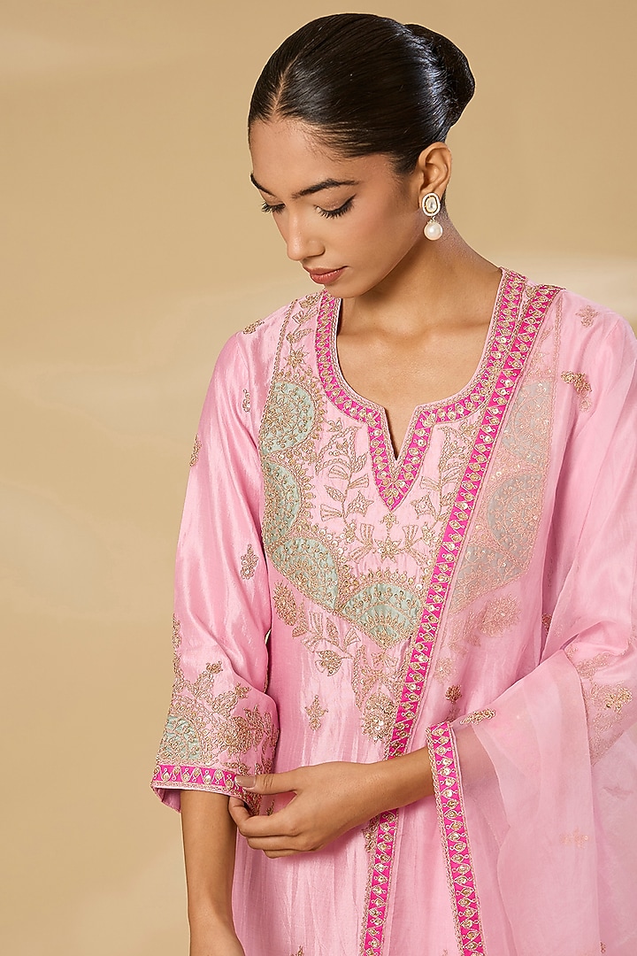 Baby Pink Spun Silk Zardosi Work Kurta Set by SURBHI SHAH at Pernia's Pop Up Shop