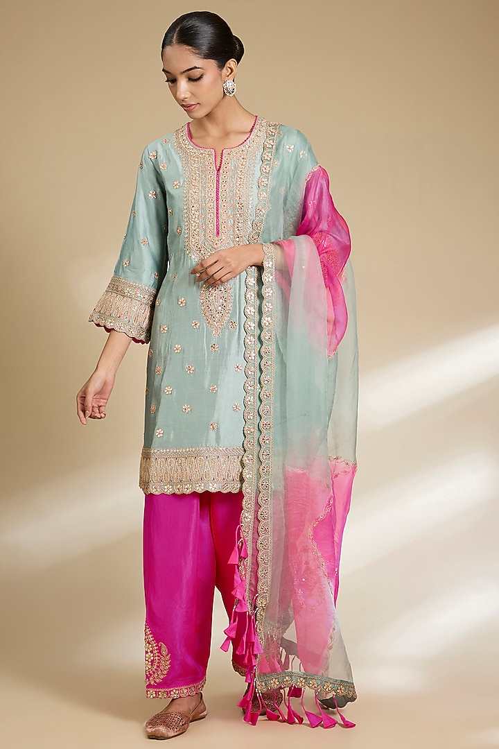 Sea Blue Spun Silk Gota Embroidered Kurta Set by SURBHI SHAH at Pernia's Pop Up Shop