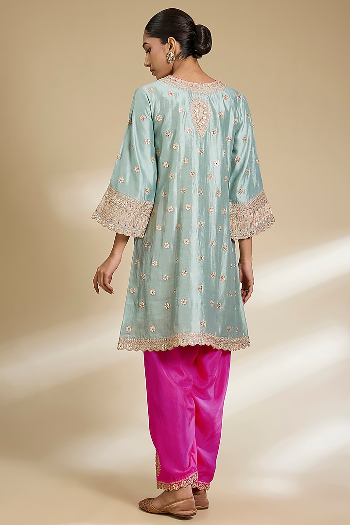 Sea Blue Spun Silk Gota Embroidered Kurta Set by SURBHI SHAH at Pernia's Pop Up Shop