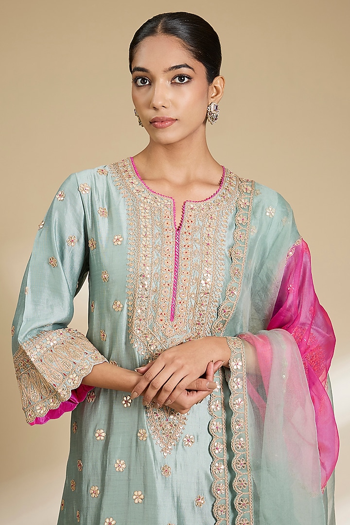 Sea Blue Spun Silk Gota Embroidered Kurta Set by SURBHI SHAH at Pernia's Pop Up Shop