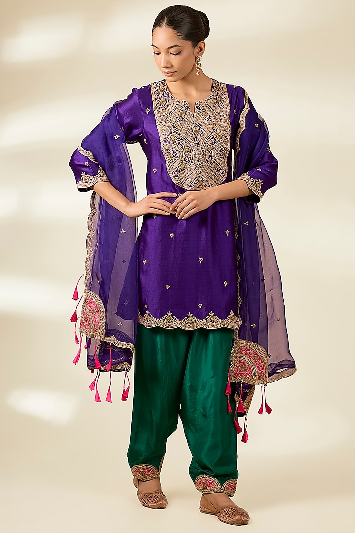 Purple Spun Silk Zardosi Work Kurta Set by Surbhi Shah at Pernia's Pop Up Shop