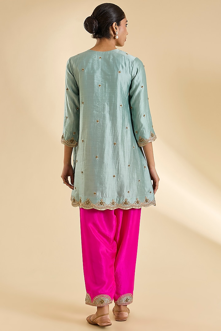 Sea Blue Spun Silk Gota & Marori Work Kurta Set by SURBHI SHAH at Pernia's Pop Up Shop