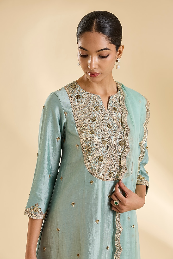 Sea Blue Spun Silk Gota & Marori Work Kurta Set by SURBHI SHAH at Pernia's Pop Up Shop