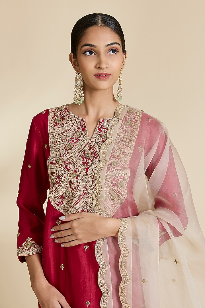 Maroon Spun Silk Marori & Gota Work Kurta Set by SURBHI SHAH at Pernia's Pop Up Shop