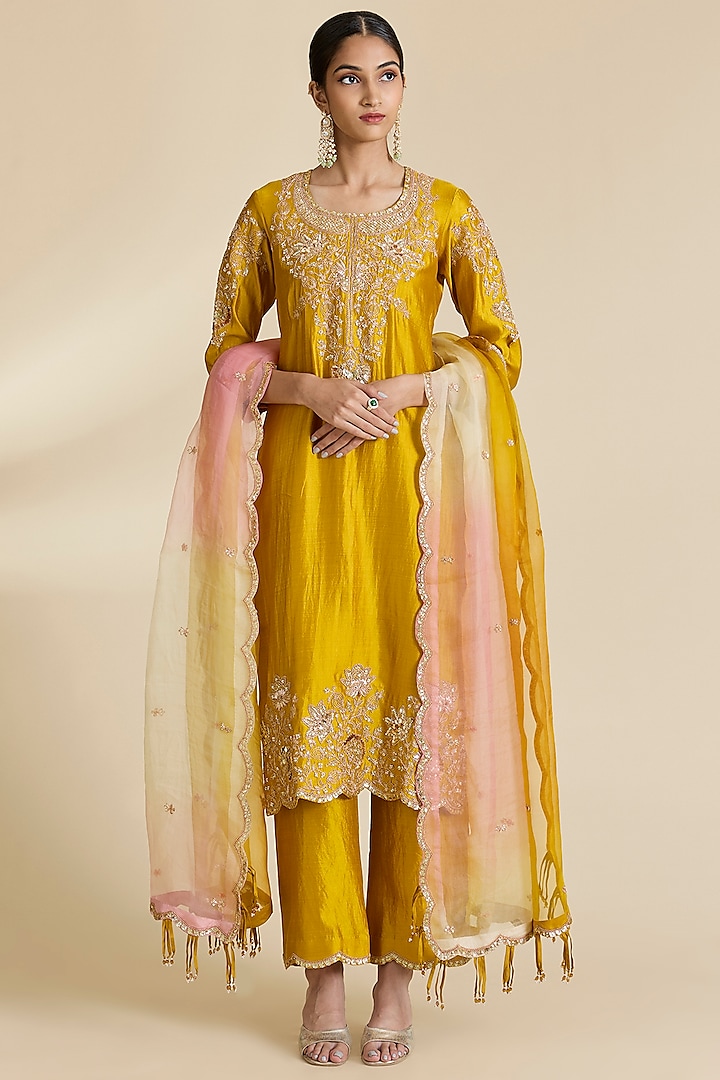 Mustard Spun Silk Marori & Sequins Work Kurta Set by SURBHI SHAH at Pernia's Pop Up Shop