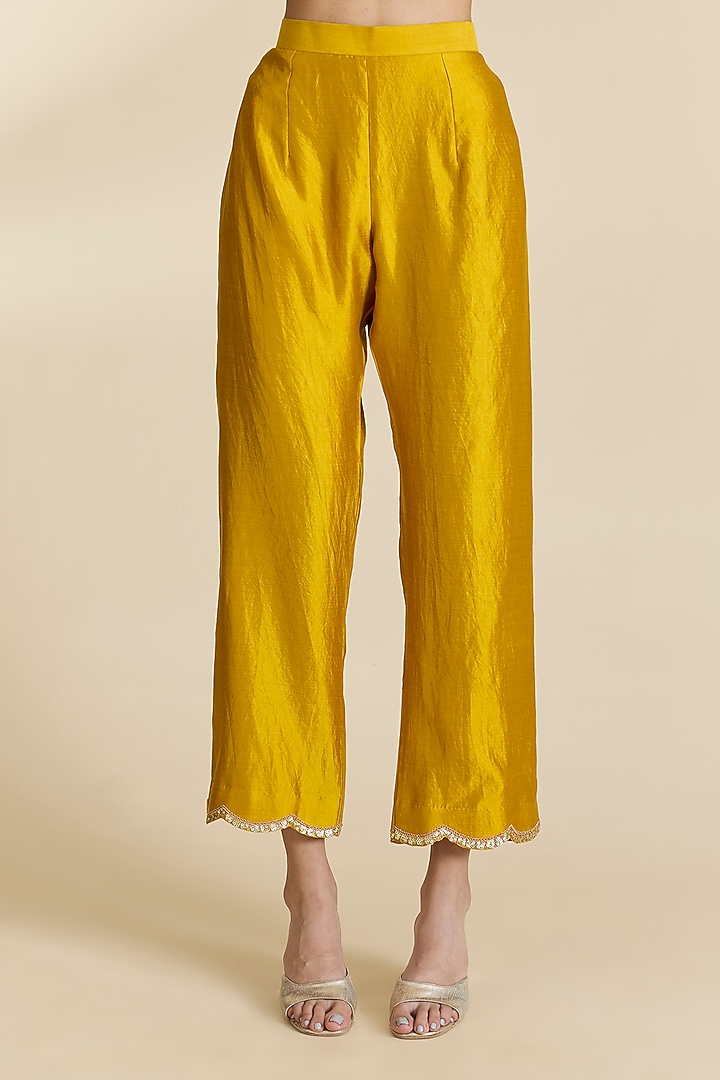 Mustard Spun Silk Marori & Sequins Work Kurta Set by SURBHI SHAH at Pernia's Pop Up Shop