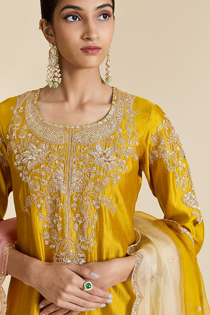 Mustard Spun Silk Marori & Sequins Work Kurta Set by SURBHI SHAH at Pernia's Pop Up Shop