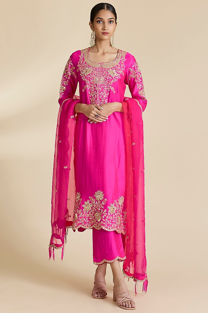 Hot Pink Spun Silk Marori & Sequins Work Kurta Set by SURBHI SHAH at Pernia's Pop Up Shop