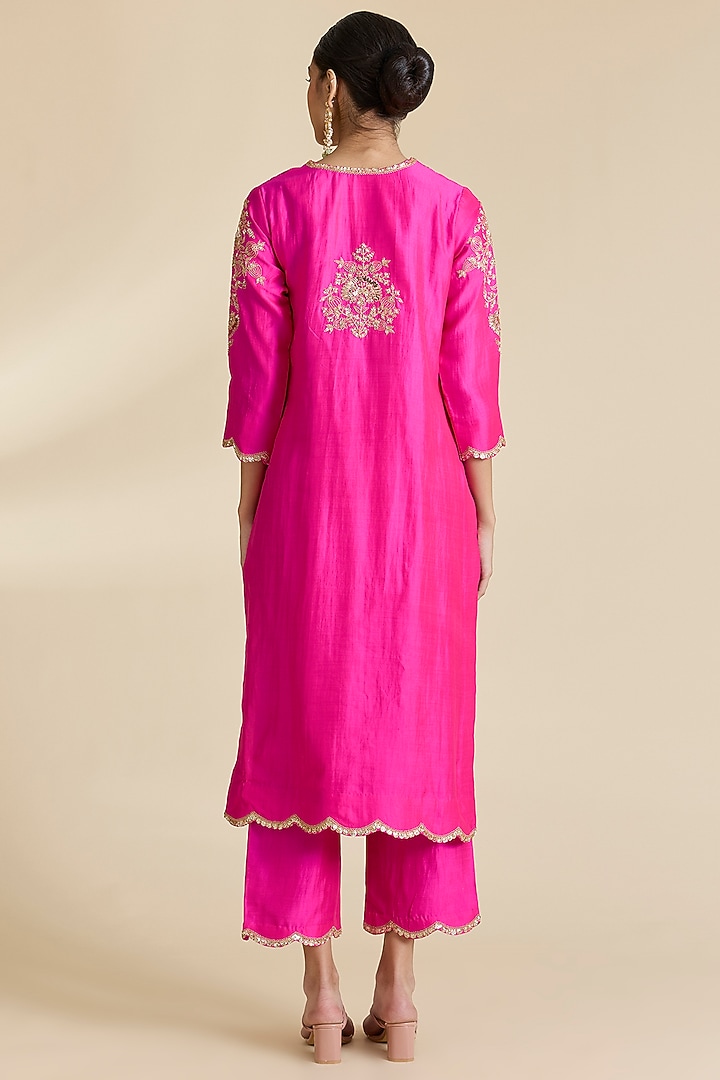 Hot Pink Spun Silk Marori & Sequins Work Kurta Set by SURBHI SHAH at Pernia's Pop Up Shop