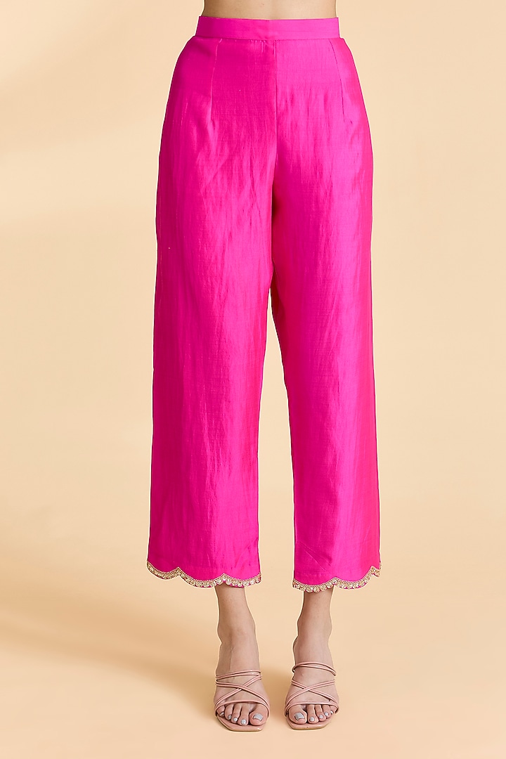 Hot Pink Spun Silk Marori & Sequins Work Kurta Set by SURBHI SHAH at Pernia's Pop Up Shop