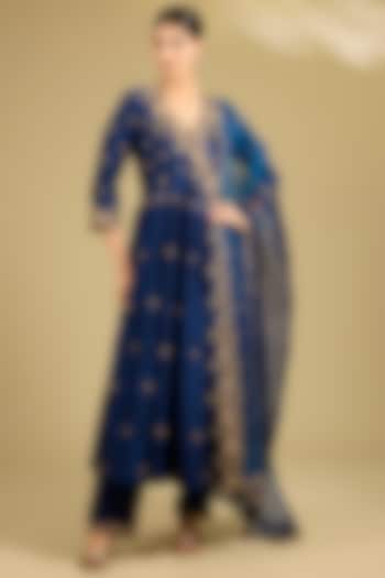 Navy Blue Spun Silk Marori Work Angrakha Wedding Anarkali Set by SURBHI SHAH at Pernia's Pop Up Shop