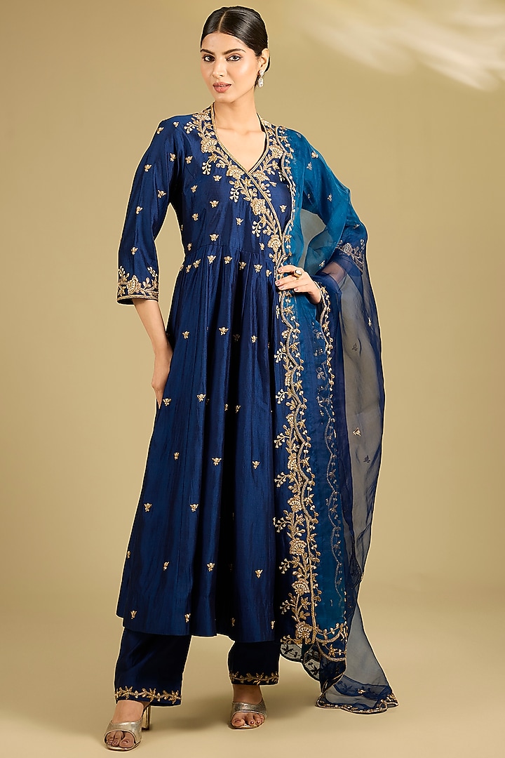 Navy Blue Spun Silk Marori Work Angrakha Wedding Anarkali Set by SURBHI SHAH at Pernia's Pop Up Shop