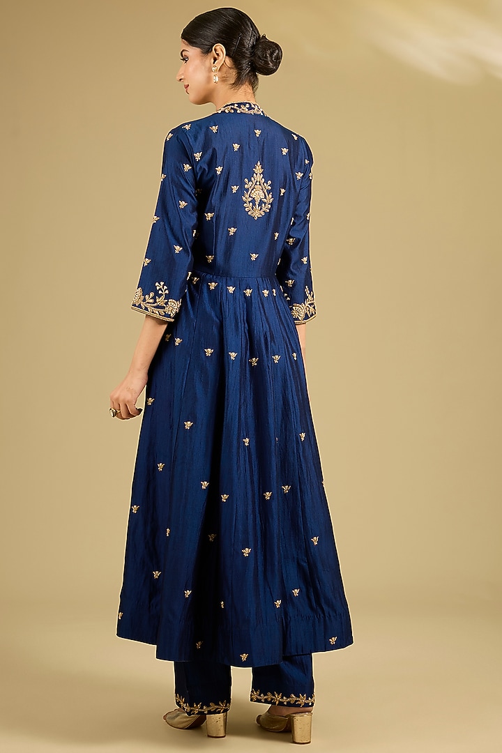 Navy Blue Spun Silk Marori Work Angrakha Wedding Anarkali Set by SURBHI SHAH at Pernia's Pop Up Shop