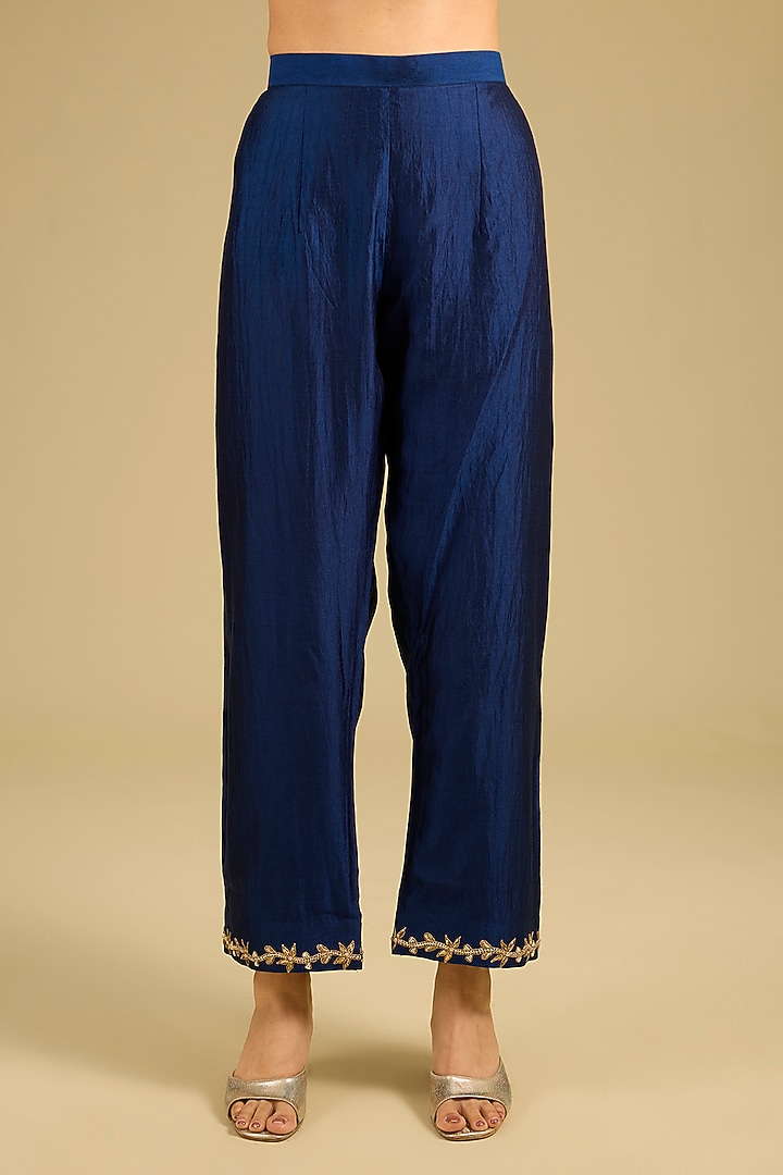 Navy Blue Spun Silk Marori Work Angrakha Wedding Anarkali Set by SURBHI SHAH at Pernia's Pop Up Shop