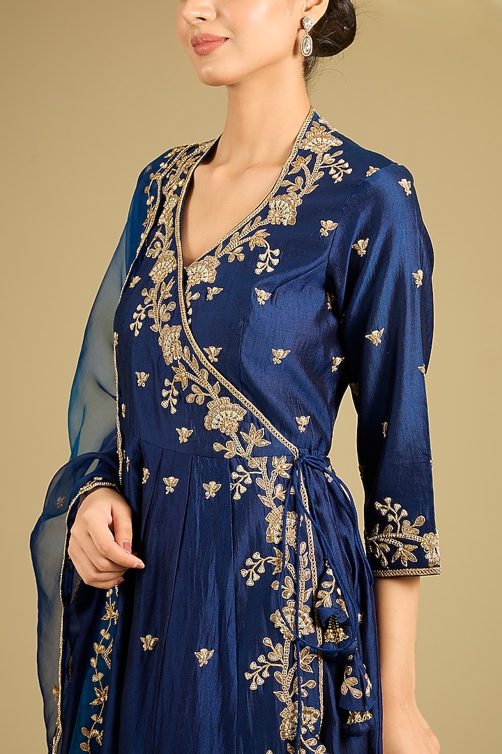 Navy Blue Spun Silk Marori Work Angrakha Wedding Anarkali Set by SURBHI SHAH at Pernia's Pop Up Shop