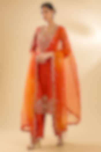 Orange Spun Silk Sequin Work Kurta Set by SURBHI SHAH at Pernia's Pop Up Shop