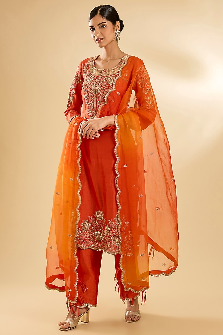 Orange Spun Silk Sequin Work Kurta Set by SURBHI SHAH at Pernia's Pop Up Shop
