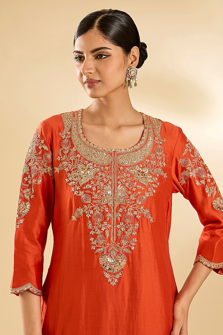 Orange Spun Silk Sequin Work Kurta Set by SURBHI SHAH at Pernia's Pop Up Shop