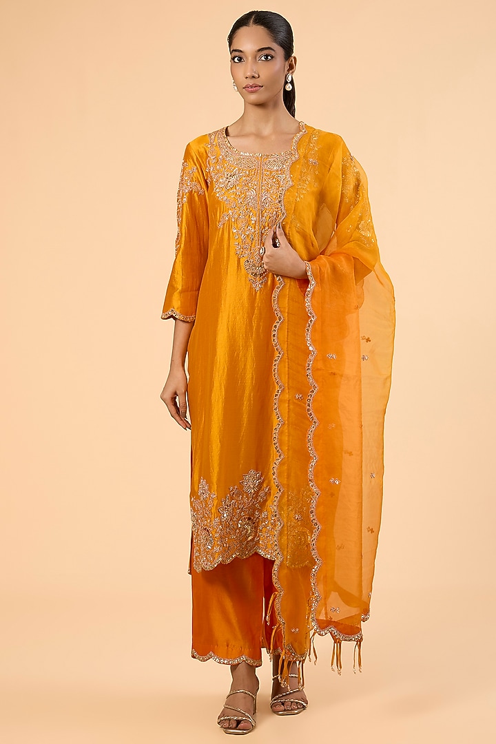 Mango Yellow Spun Silk Marori & Sequin Work Kurta Set by SURBHI SHAH at Pernia's Pop Up Shop