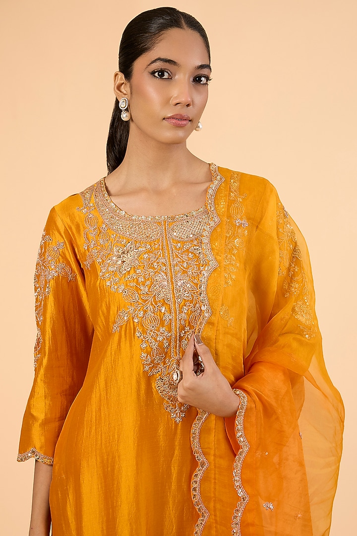 Pernia's Pop Up Shop - Surbhi Shah Women Mango Yellow Spun Silk Marori & Sequin Work Kurta Set