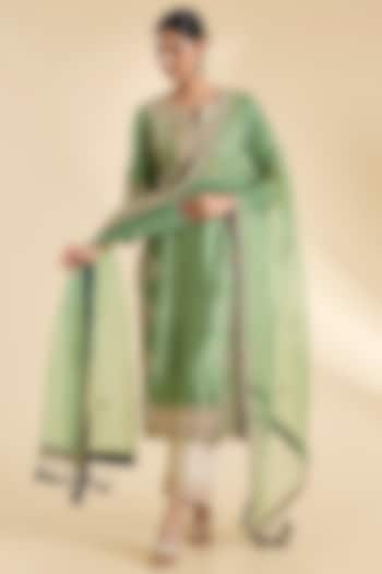 Powder Sage Green Spun Silk Gota Work Kurta Set by SURBHI SHAH at Pernia's Pop Up Shop