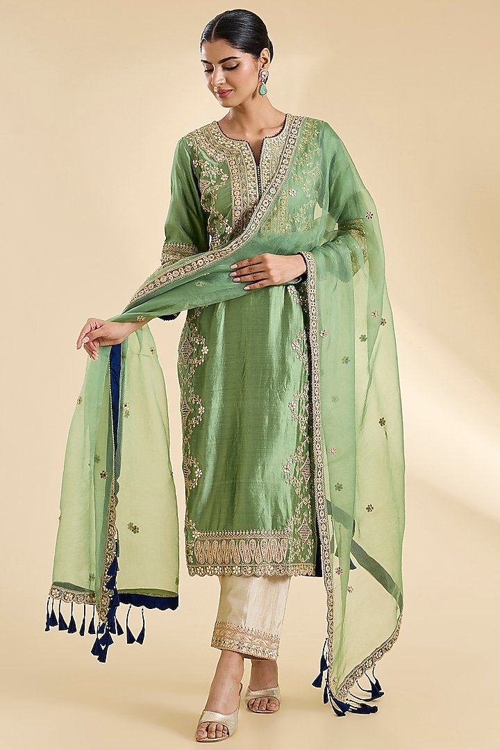 Powder Sage Green Spun Silk Gota Work Kurta Set by SURBHI SHAH at Pernia's Pop Up Shop