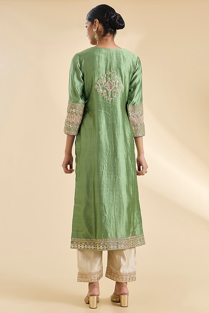 Powder Sage Green Spun Silk Gota Work Kurta Set by SURBHI SHAH at Pernia's Pop Up Shop