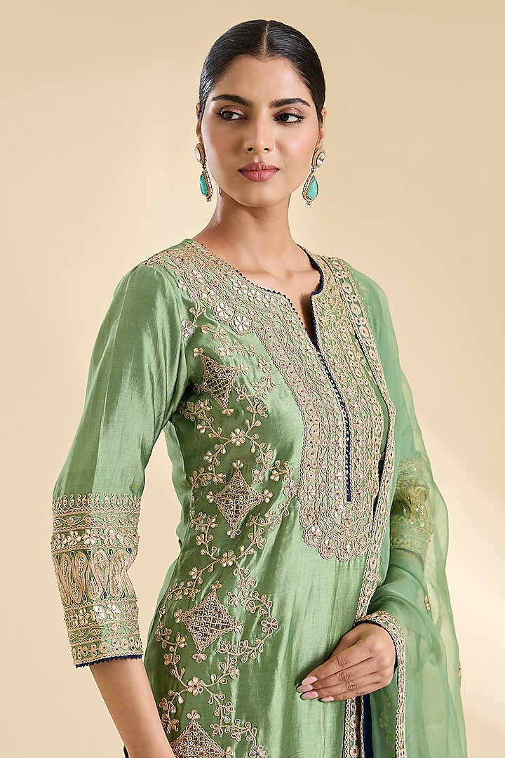 Powder Sage Green Spun Silk Gota Work Kurta Set by SURBHI SHAH at Pernia's Pop Up Shop