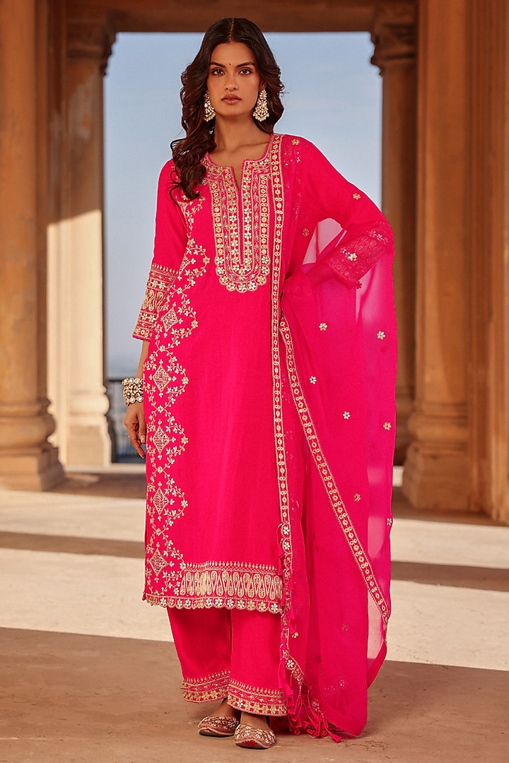 Strawberry Red Spun Silk Marori Work Kurta Set by Surbhi Shah at Pernia's Pop Up Shop