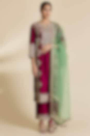 Berry Magenta Spun Silk Marori & Gota Work Kurta Set by SURBHI SHAH at Pernia's Pop Up Shop