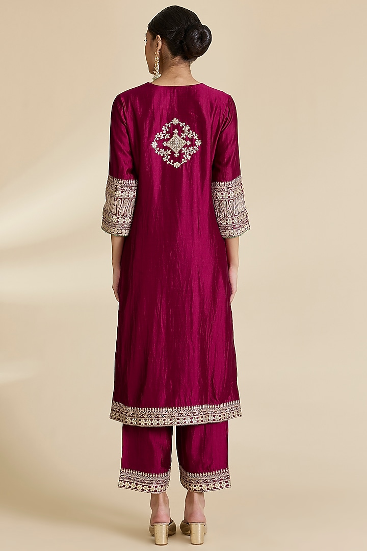 Berry Magenta Spun Silk Marori & Gota Work Kurta Set by SURBHI SHAH at Pernia's Pop Up Shop
