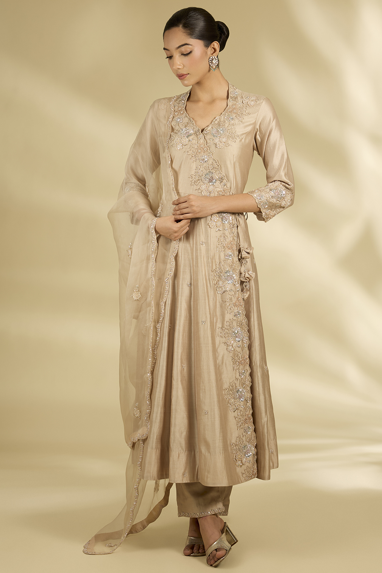 Deep Pearl Colored Spun Silk Sequins Work Angrakha Wedding Anarkali Set by SURBHI SHAH at Pernia's Pop Up Shop