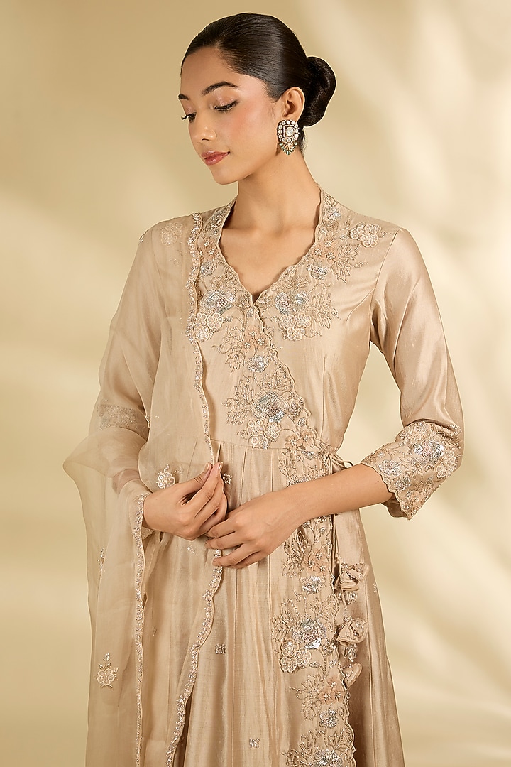 Deep Pearl Colored Spun Silk Sequins Work Angrakha Wedding Anarkali Set by SURBHI SHAH at Pernia's Pop Up Shop