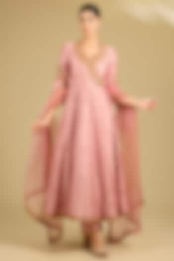 Rose Gold Spun Silk Marori Work Angrakha Wedding Anarkali Set by SURBHI SHAH at Pernia's Pop Up Shop