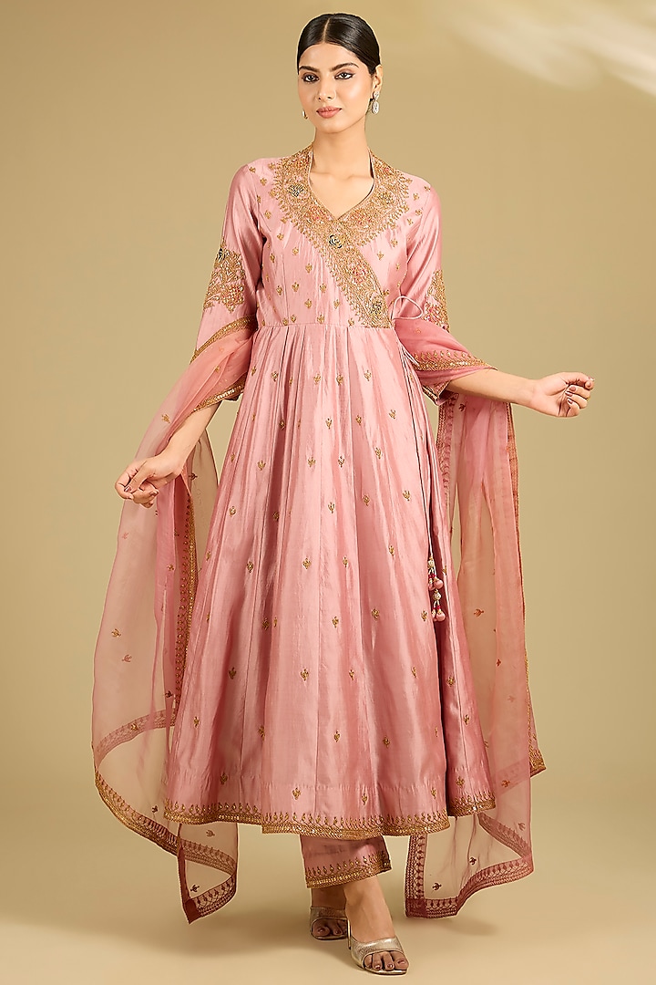 Rose Gold Spun Silk Marori Work Angrakha Wedding Anarkali Set by SURBHI SHAH at Pernia's Pop Up Shop
