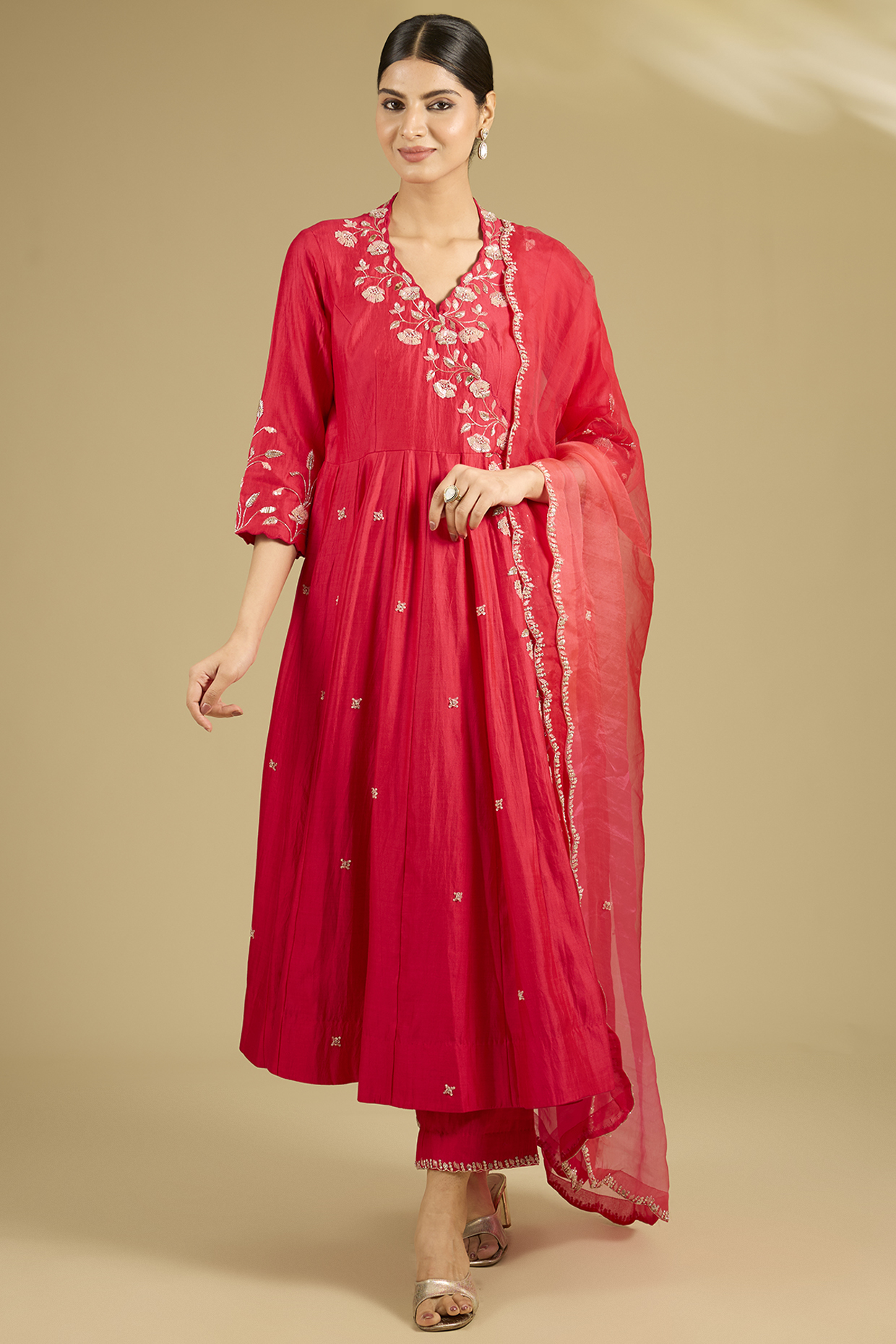 Dark Red Spun Silk Sequins Work Angrakha Wedding Anarkali Set by SURBHI SHAH at Pernia's Pop Up Shop