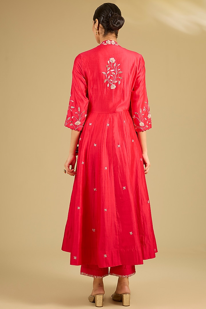 Dark Red Spun Silk Sequins Work Angrakha Wedding Anarkali Set by SURBHI SHAH at Pernia's Pop Up Shop
