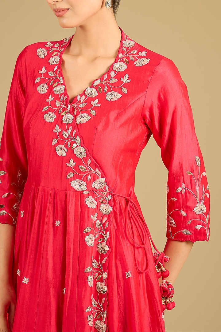 Dark Red Spun Silk Sequins Work Angrakha Wedding Anarkali Set by SURBHI SHAH at Pernia's Pop Up Shop