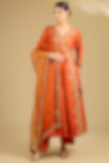 Orange Spun Silk Pearl Work Angrakha Wedding Anarkali Set by SURBHI SHAH at Pernia's Pop Up Shop