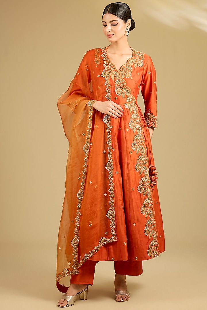 Orange Spun Silk Pearl Work Angrakha Wedding Anarkali Set by SURBHI SHAH at Pernia's Pop Up Shop