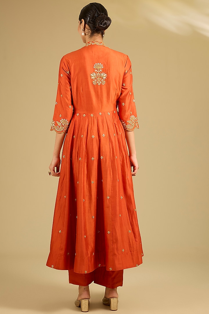 Orange Spun Silk Pearl Work Angrakha Wedding Anarkali Set by SURBHI SHAH at Pernia's Pop Up Shop