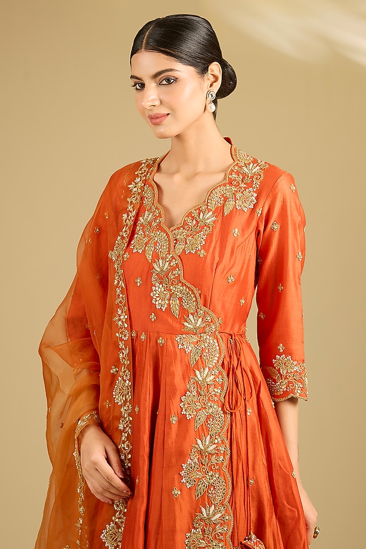 Orange Spun Silk Pearl Work Angrakha Wedding Anarkali Set by SURBHI SHAH at Pernia's Pop Up Shop