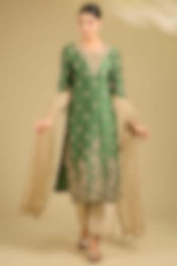 Sage Green Spun Silk Marori Work Kurta Set by SURBHI SHAH at Pernia's Pop Up Shop