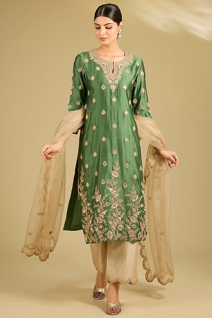 Sage Green Spun Silk Marori Work Kurta Set by SURBHI SHAH at Pernia's Pop Up Shop