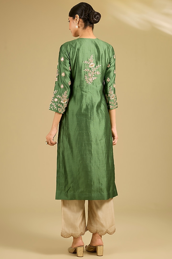 Sage Green Spun Silk Marori Work Kurta Set by SURBHI SHAH at Pernia's Pop Up Shop