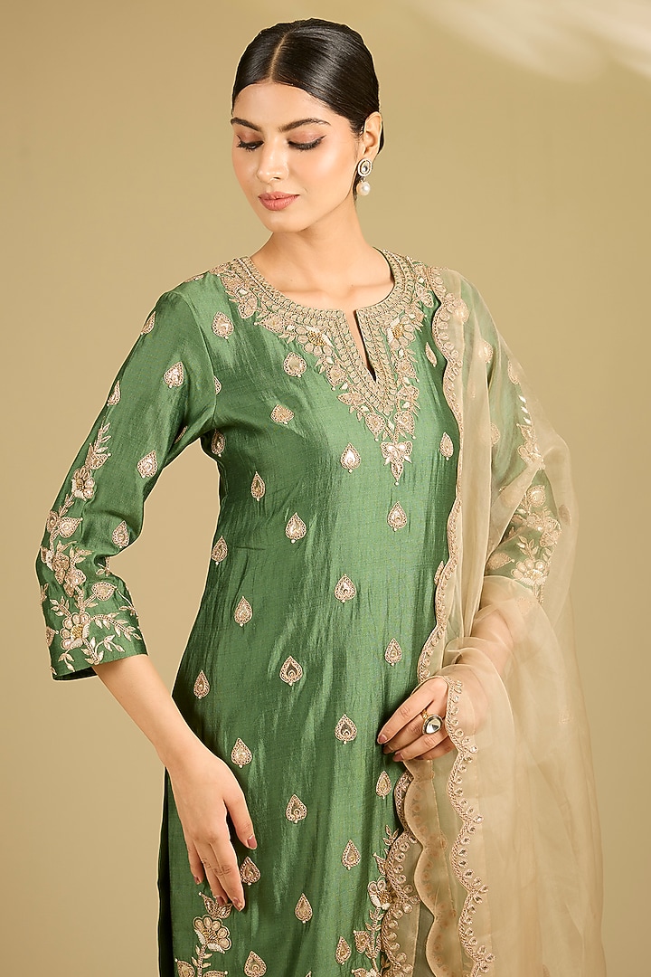 Sage Green Spun Silk Marori Work Kurta Set by SURBHI SHAH at Pernia's Pop Up Shop