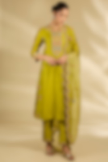 Parrot Green Spun Silk Marori Work Angrakha Wedding Anarkali Set by SURBHI SHAH at Pernia's Pop Up Shop