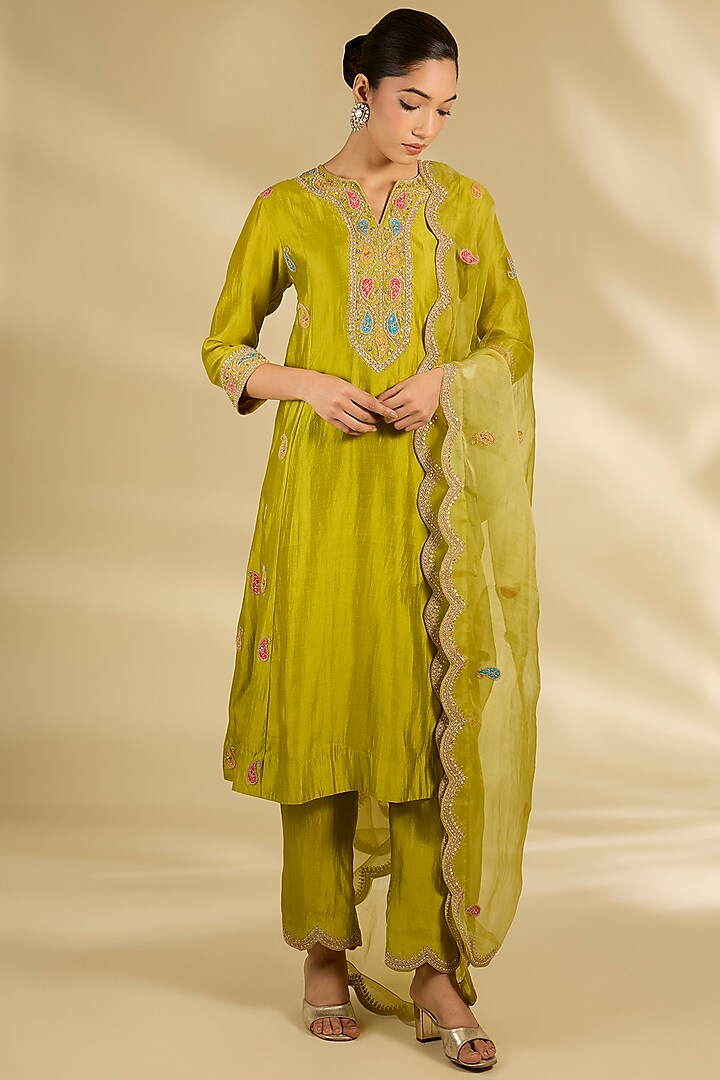 Parrot Green Spun Silk Marori Work Angrakha Wedding Anarkali Set by SURBHI SHAH at Pernia's Pop Up Shop