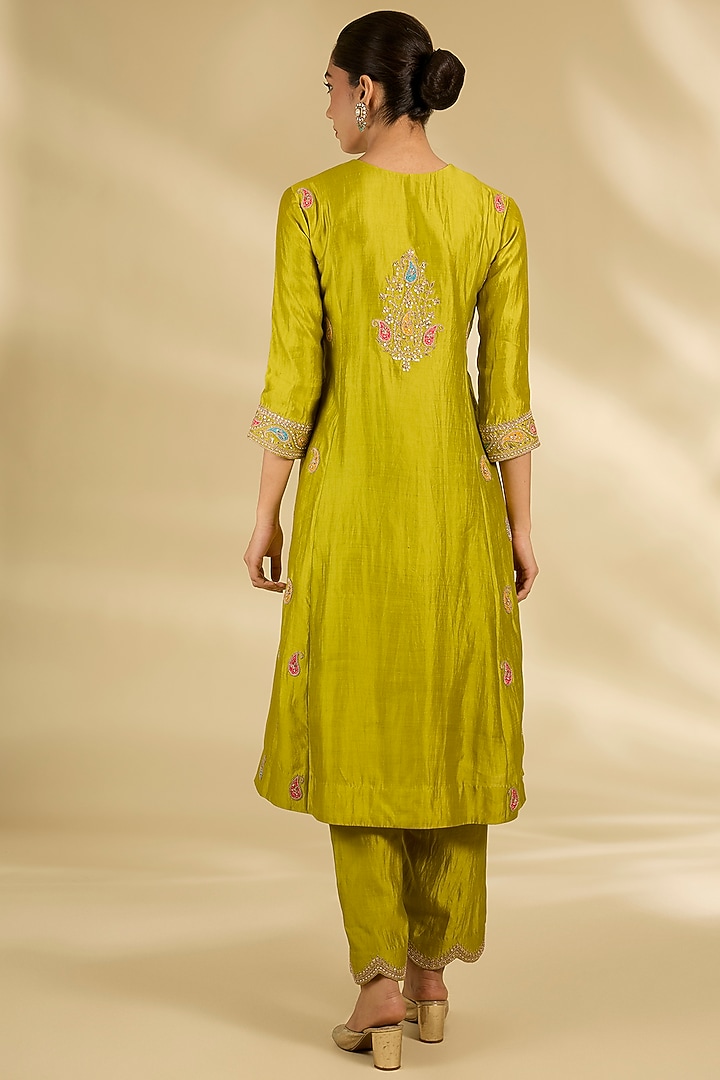 Parrot Green Spun Silk Marori Work Angrakha Wedding Anarkali Set by SURBHI SHAH at Pernia's Pop Up Shop