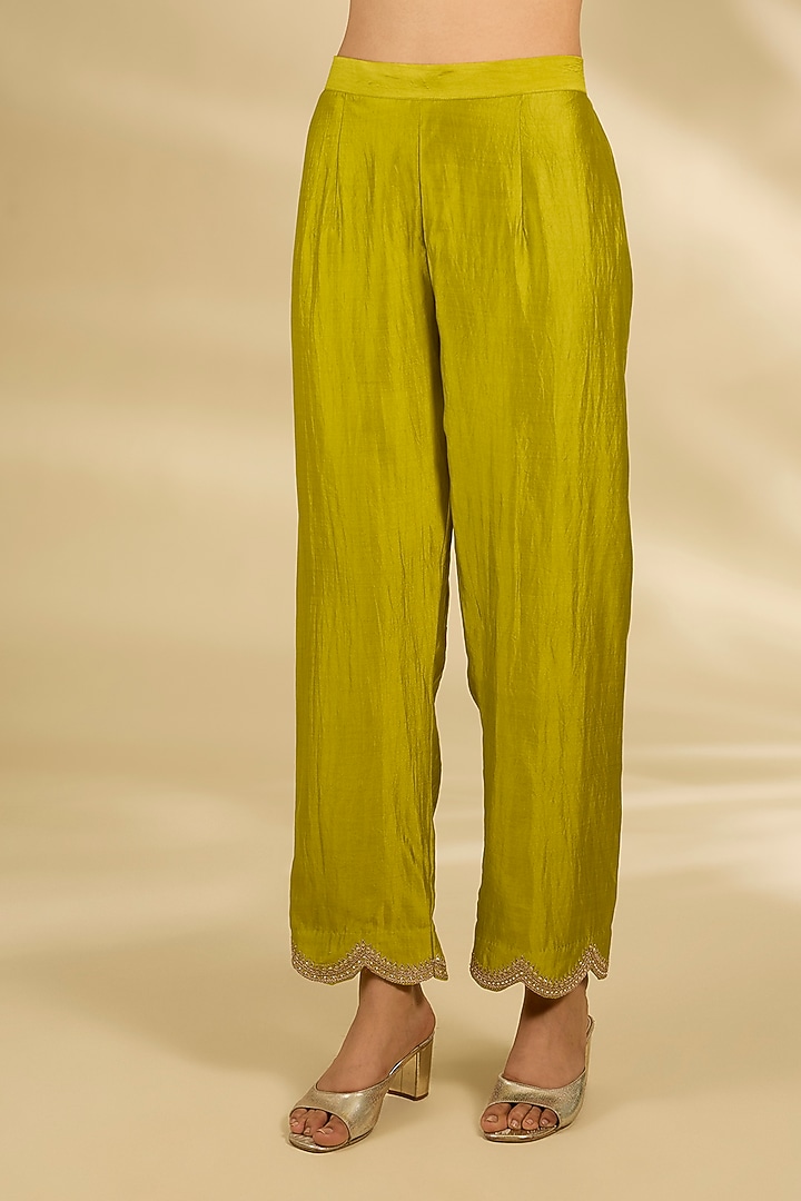 Parrot Green Spun Silk Marori Work Angrakha Wedding Anarkali Set by SURBHI SHAH at Pernia's Pop Up Shop